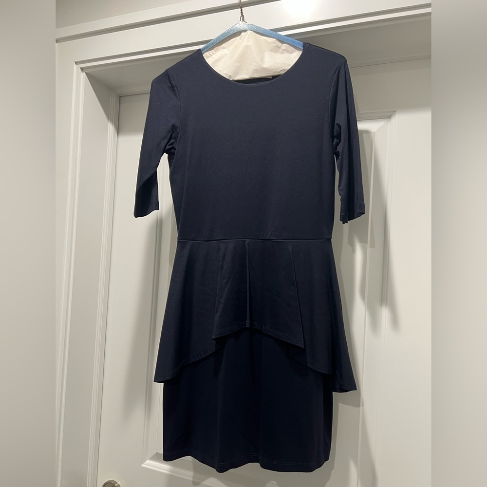 LADIES 3/4 SLEEVE SUSAN MONACO NAVY A-LINE DRESS SIZE MEDIUM